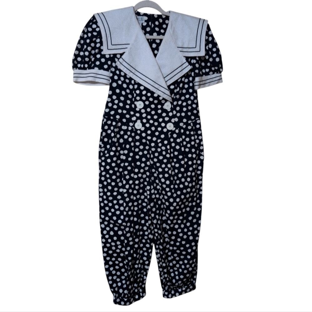 Robbie Bee polka-dot romper oversized sailor collar double breasted 80's size 6